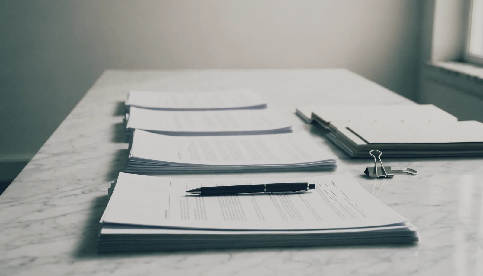 Statements sorted into stacks on a marble table, a tabbed folder open beside them and a pen laid across the top sheet.